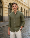 Linen Mandarin Collar Shirt - Sterling Weave