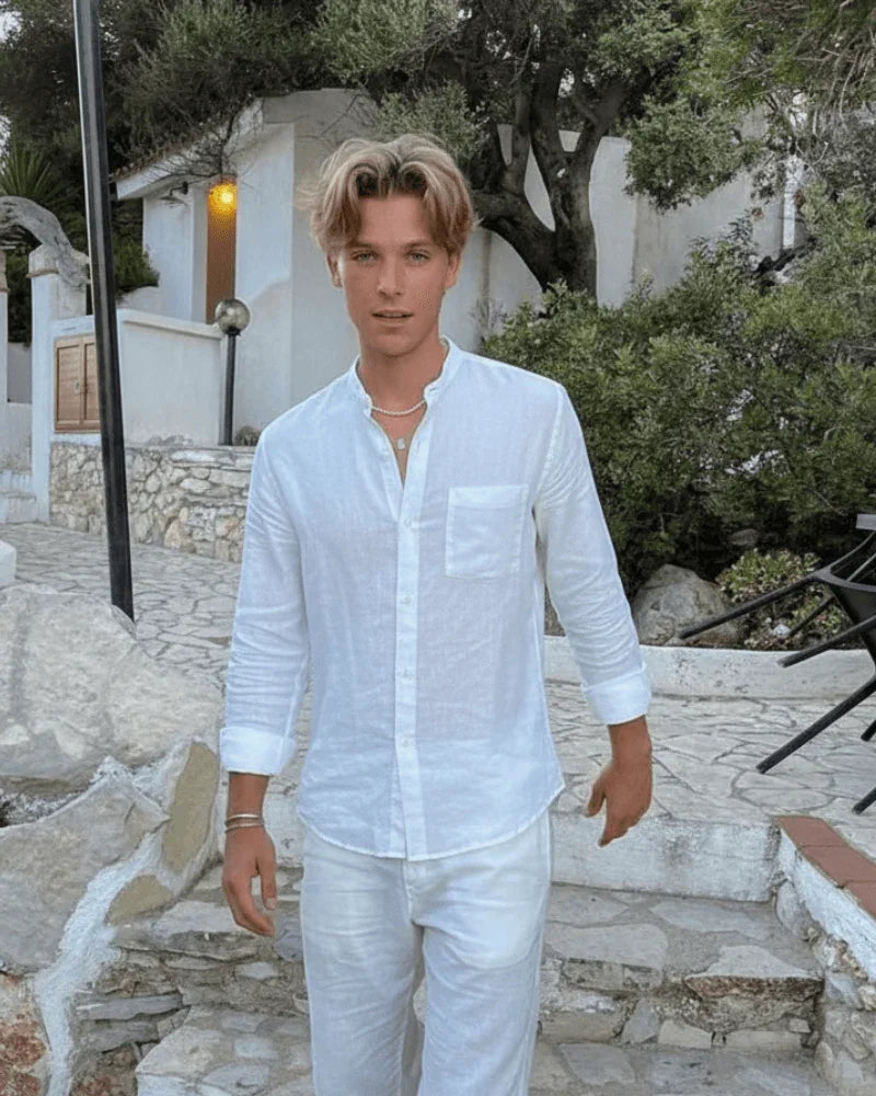 Linen Mandarin Collar Shirt - Sterling Weave