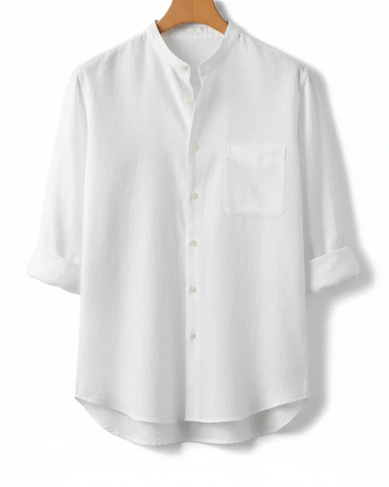Linen Mandarin Collar Shirt - Sterling Weave