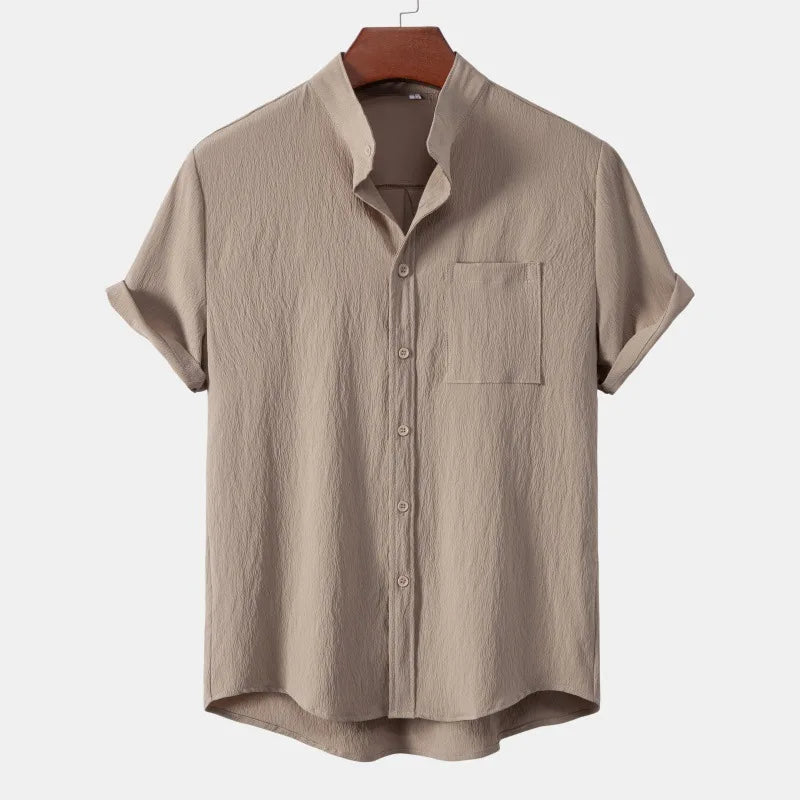 Stand Collar Linen Look Shirt - Sterling Weave