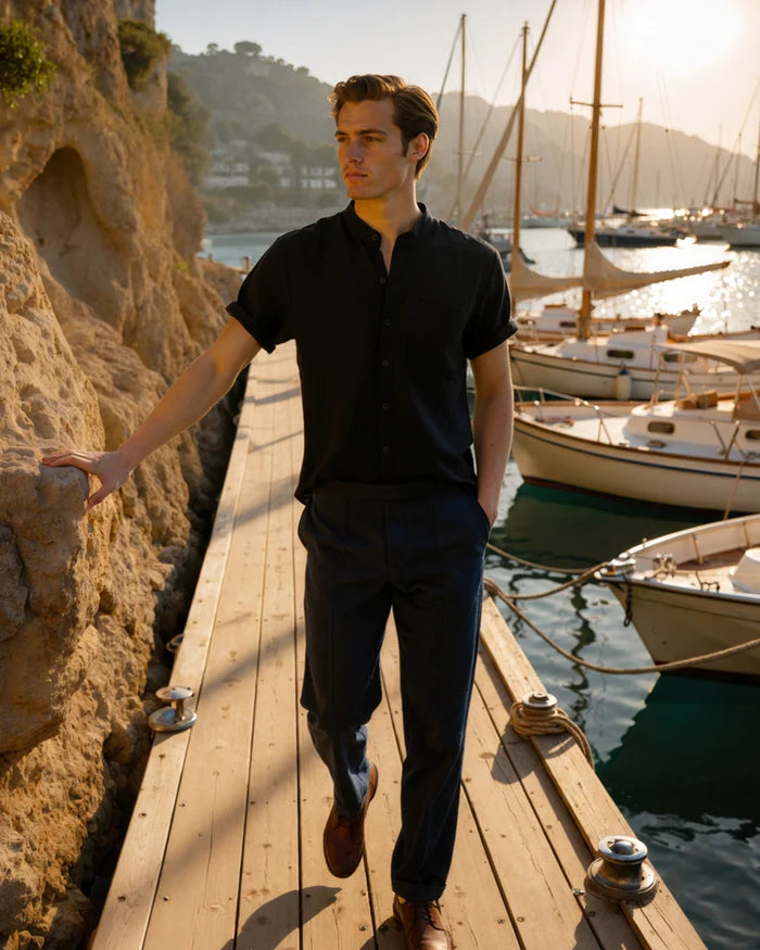 Stand Collar Linen Look Shirt - Sterling Weave