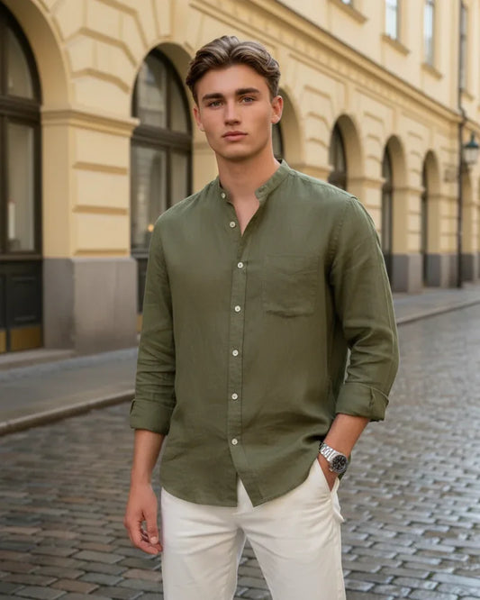 Linen Mandarin Collar Shirt - Sterling Weave