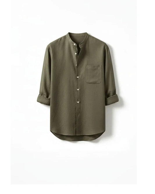 Linen Mandarin Collar Shirt - Sterling Weave