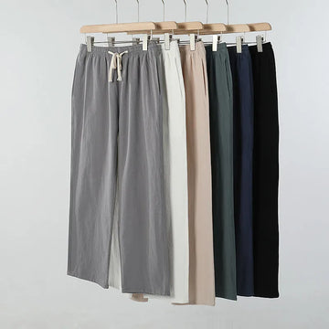 Spring Summer Men's Casual Cotton Linen Loose Fit Straight Leg Pants Elastic Waist Dstring Small Foot Long Trousers