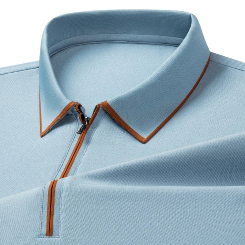 Men's Silk Zipper Polo Shirt Short Sleeve Mulberry T-Shirt Metal Zipper, Stand Collar Luxury Casual Summer Top Cotton&Linen Tee