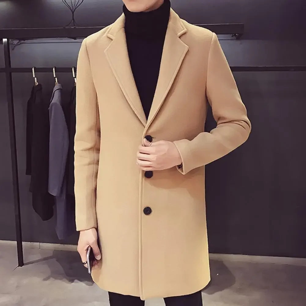Woolen Fabric Overcoat Elegant Men's Woolen Suit Coat with Lapel Slim Fit Single-breasted Mid-length Jacket for Autumn Winter