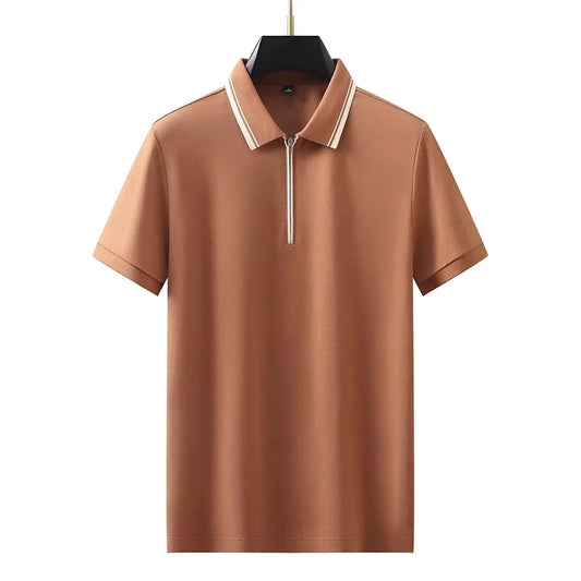 Minglu Cotton Zipper Men's Polo Shirts Luxury Short Sleeve Solid Color Business Casual Male T-shirts Elasticity Simple Man Tees