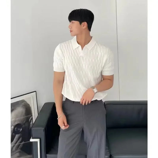Summer Men's Knitted Short Sleeve Polo Shirt Korean Style Slim Fit Solid Color Ice Silk Casual Half Sleeve T-Shirt Base Shirt