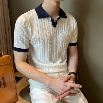 Summer breathable Italian color-blocked men's Polo shirt with V-neck stretch jacquard texture, slim-fit short-sleeve knitted top