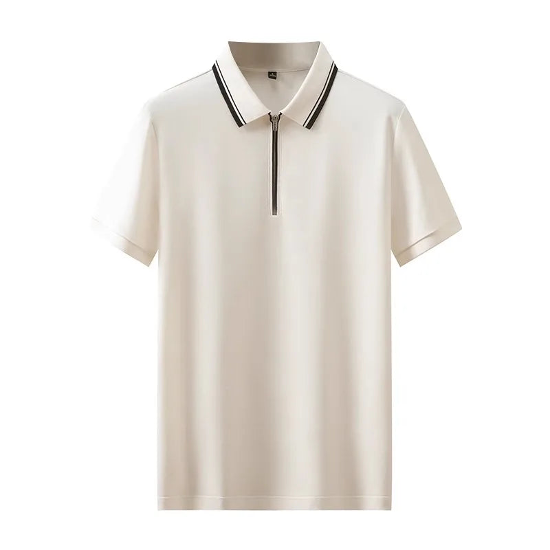 Minglu Cotton Zipper Men's Polo Shirts Luxury Short Sleeve Solid Color Business Casual Male T-shirts Elasticity Simple Man Tees