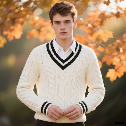 Men's White V-Neck Twisted Sweater with Black Stripe Neckline - Fall/Winter Fashion Casual Style Warm Loose Trend