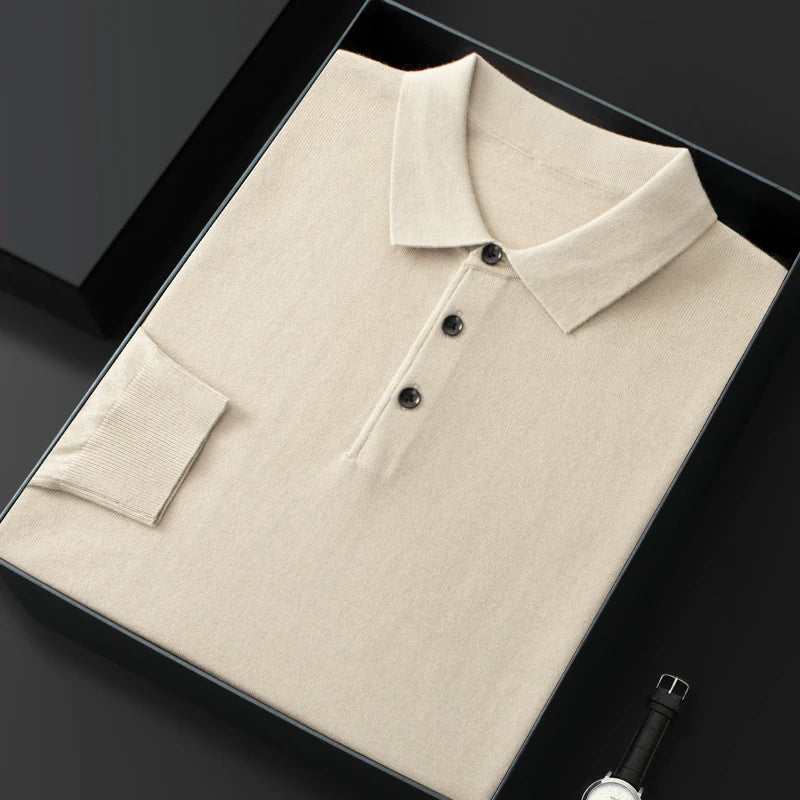 High quality worsted  spun collar wool sweater men's spring and autumn business polo sweater thin long sleeved knitted T-shirt