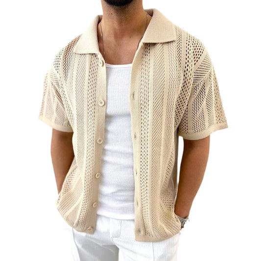 Summer Thin Men's Knitted Hollow Cardigan Short-Sleeved Shirt Retro Fashion Trend Casual Simple Loose Breathable Men's Tops