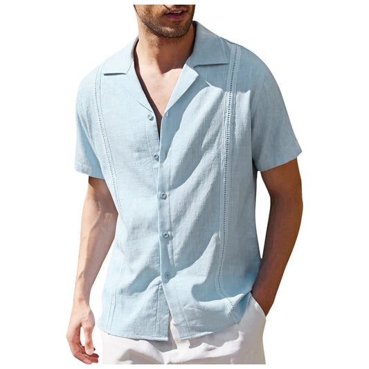 2025 Summer American New Fashion Men's Solid Color Casual Trendy Loose Short Sleeve Turn-down Collar Single-breasted Shirts Male