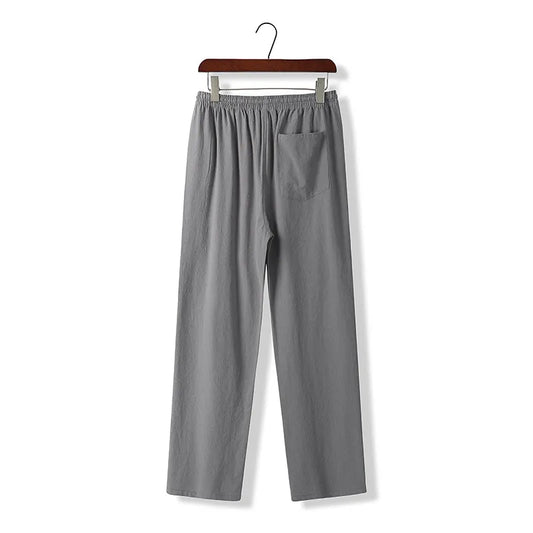 Spring Summer Men's Casual Cotton Linen Loose Fit Straight Leg Pants Elastic Waist Dstring Small Foot Long Trousers