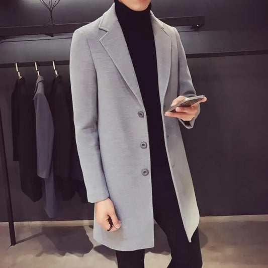 Woolen Fabric Overcoat Elegant Men's Woolen Suit Coat with Lapel Slim Fit Single-breasted Mid-length Jacket for Autumn Winter