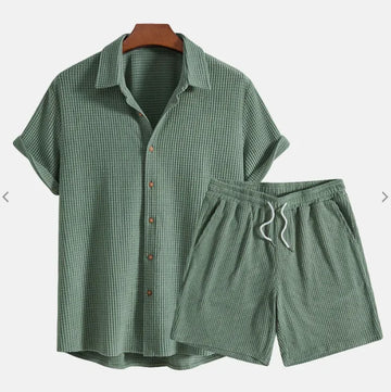 Summer New Fashion Men's American Casual Trendy Solid Color Loose Sets Shorts T-shirts Turn-down Collar Short Sleeve Shirts Male