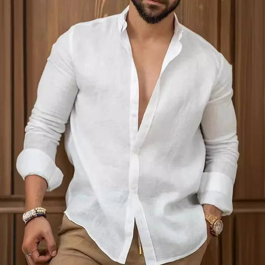 Solid Color Cotton Linen Plain Shirt Men Classic Button-up Lapel Long Sleeve Shirts Spring/ Summer Fashion Loose Mens Top Shirts