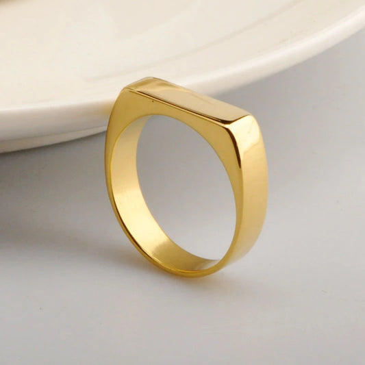 Rectangle Band Flat Top Signet Ring Oxidized Gold Color Stainless Steel Vintage Rustic Women Men Jewelry