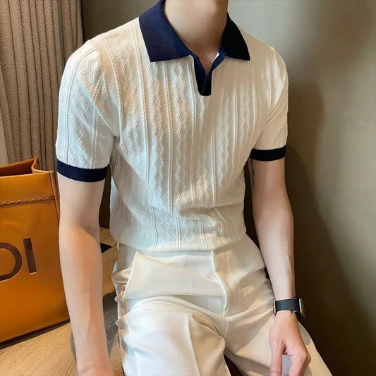 Summer breathable Italian color-blocked men's Polo shirt with V-neck stretch jacquard texture, slim-fit short-sleeve knitted top