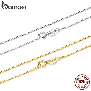 BAMOER Solid Gold Over 925 Sterling Silver Chain Necklace for Women Girls, 0.8mm Box Chain Super Thin & Strong Necklace Chain