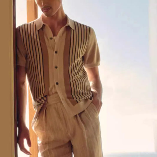 Summer New Fashion 2025 Men's Striped Short Sleeve Turn-down Collar Single-breasted Casual Trendy Knitted Shirts Male Clothes
