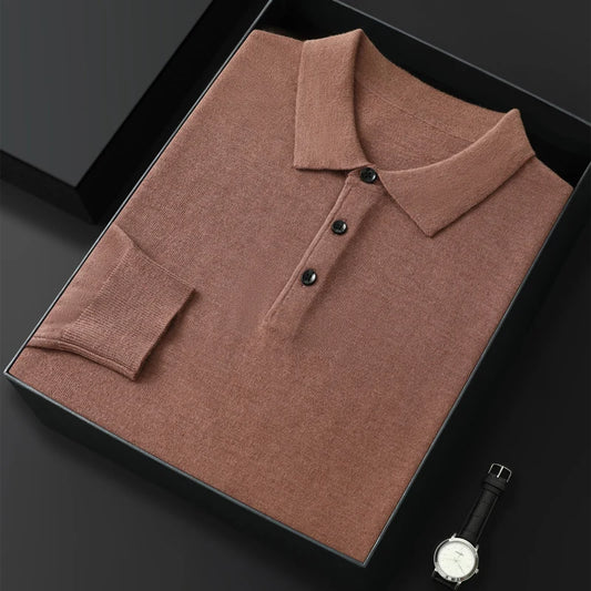 High quality worsted  spun collar wool sweater men's spring and autumn business polo sweater thin long sleeved knitted T-shirt