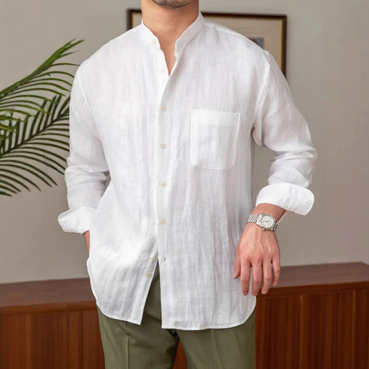 Casual Breathable Pure Linen Long Sleeve Shirt Versatile Vacation Collar Shirt Men's Henry Collar Top