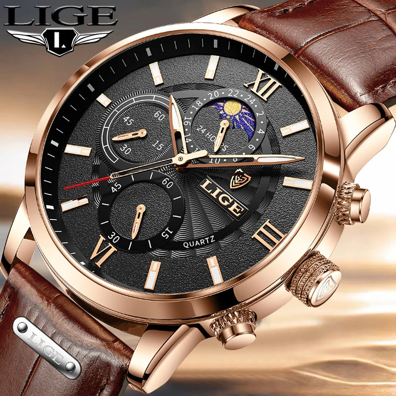 LIGE New Genuine Leather Watch for Men Fashion Business Watch Men Top Brand Luxury Military Waterproof Men's Quartz Wristwatches