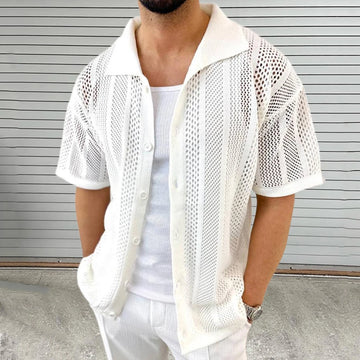 Summer Thin Men's Knitted Hollow Cardigan Short-Sleeved Shirt Retro Fashion Trend Casual Simple Loose Breathable Men's Tops