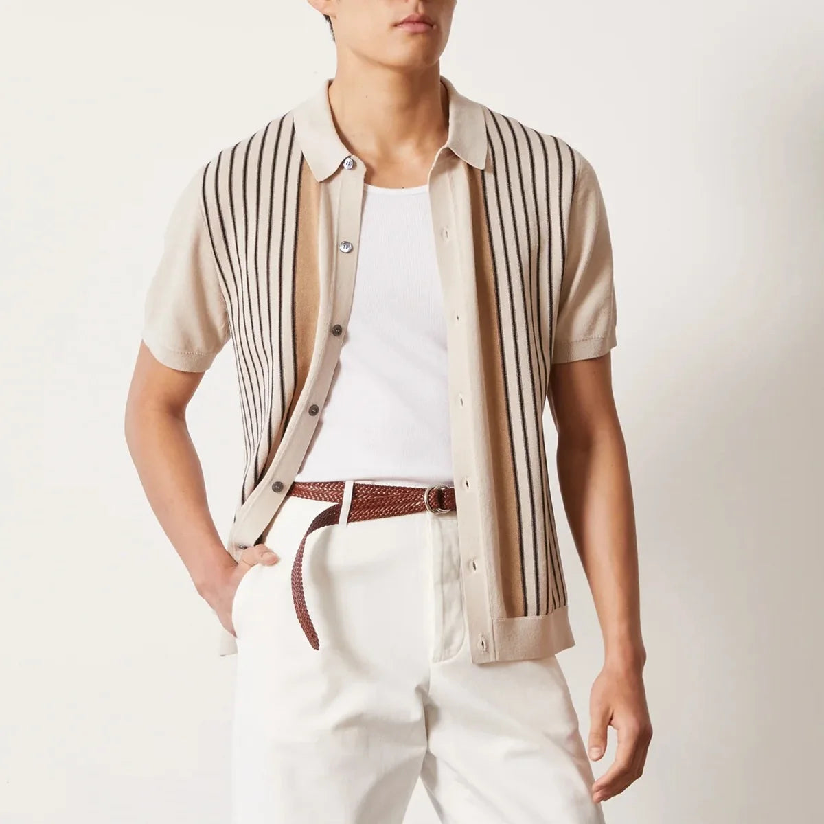 Summer New Fashion 2025 Men's Striped Short Sleeve Turn-down Collar Single-breasted Casual Trendy Knitted Shirts Male Clothes