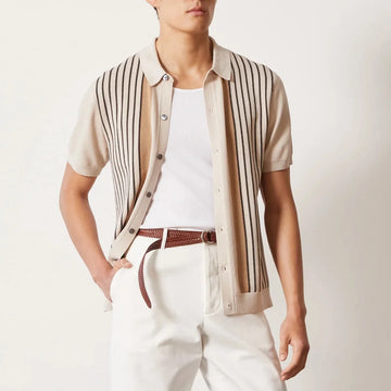 Summer New Fashion 2025 Men's Striped Short Sleeve Turn-down Collar Single-breasted Casual Trendy Knitted Shirts Male Clothes