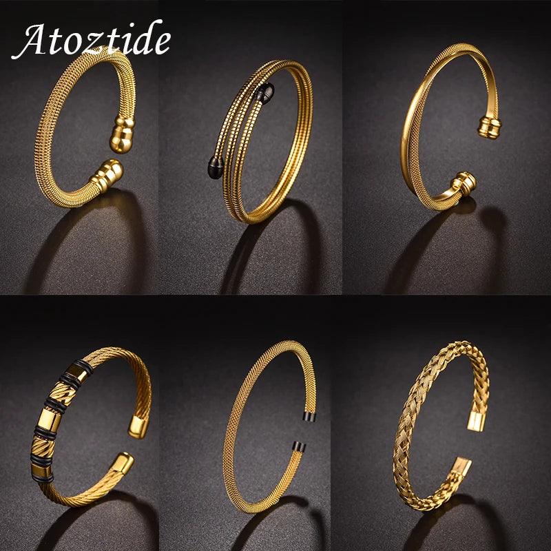 Atoztide New Open Bangle Bracelets for Women Stainless Steel Gold Color Adjustable Star Heart Bracelet Accessories Jewelry Gift