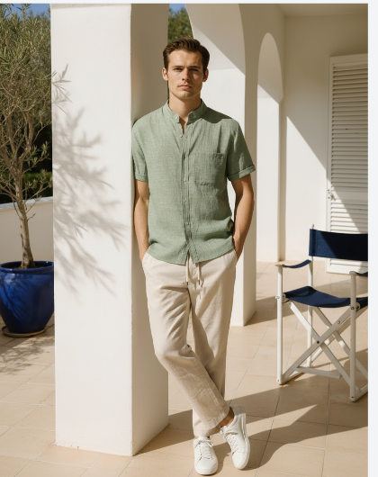 Stand Collar Linen Look Shirt - Sterling Weave